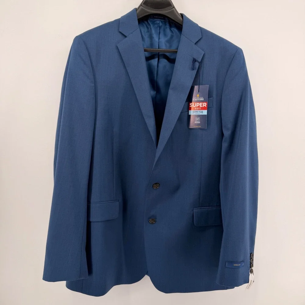 Stafford Suit Jacket Mens 46L Blue Super Suit Classic Fit Birdseye Wool Blend